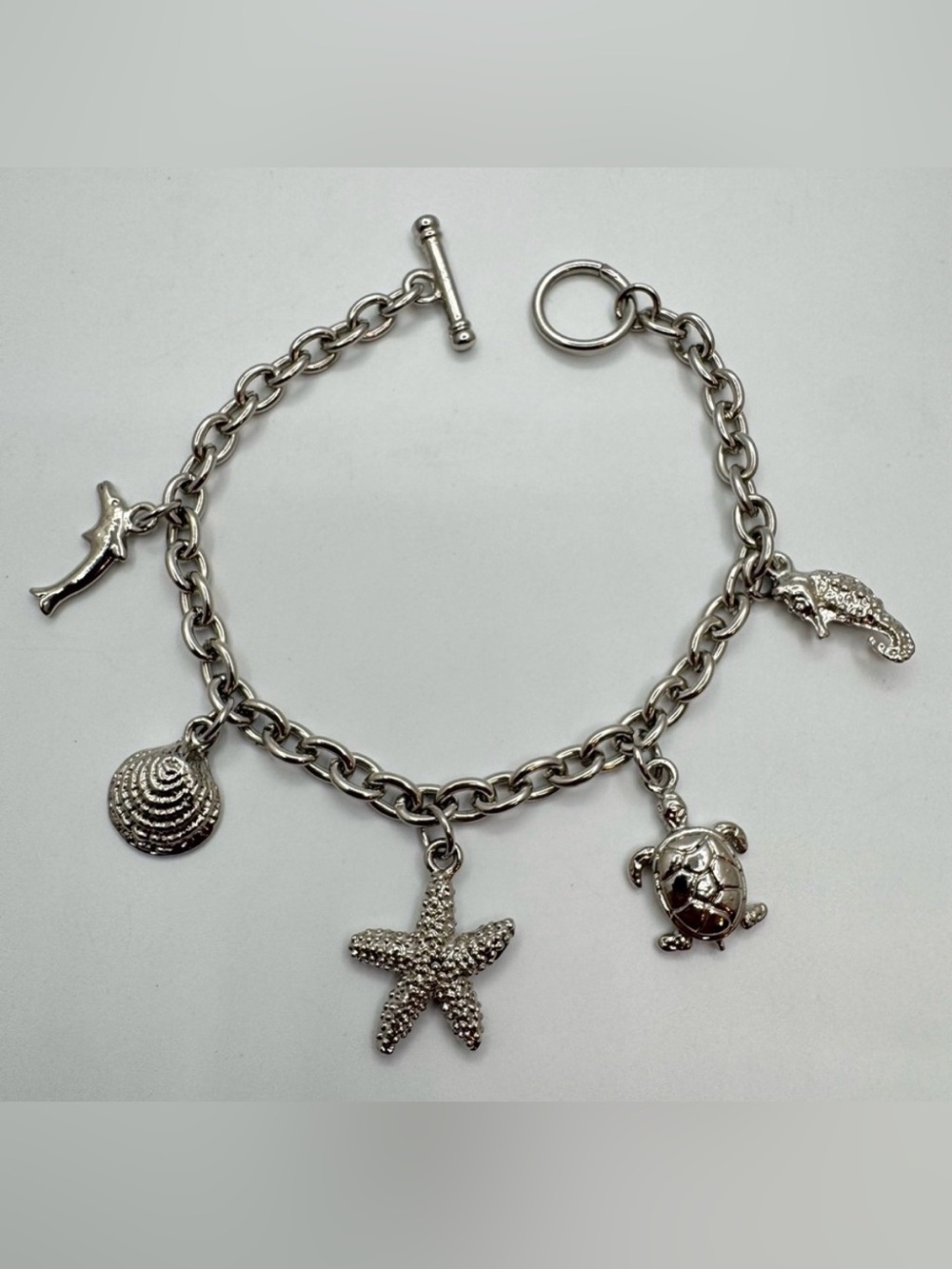 Cute Silver Tone Ocean Charm Bracelet Starfish Turtle Dolphin Toggle Clasp